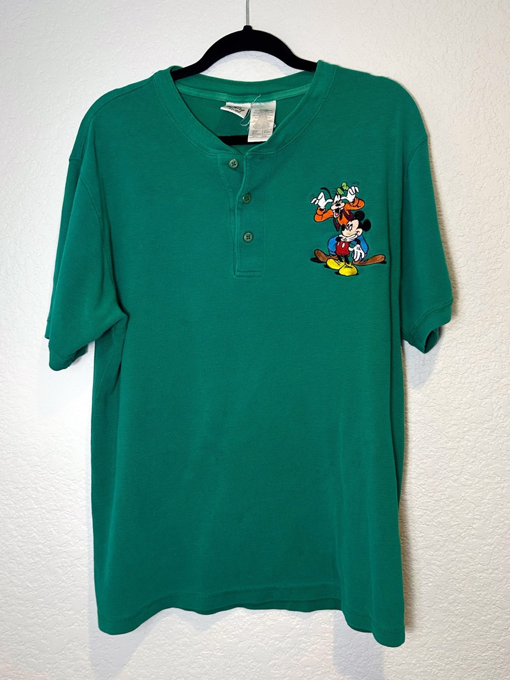 Vtg Disney Henley Tee with Embroidered Mickey & Goofy